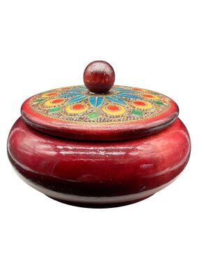 Hand Painted & Carved Red Wood Lacquered Lidded Bowl 3"H x 5"D